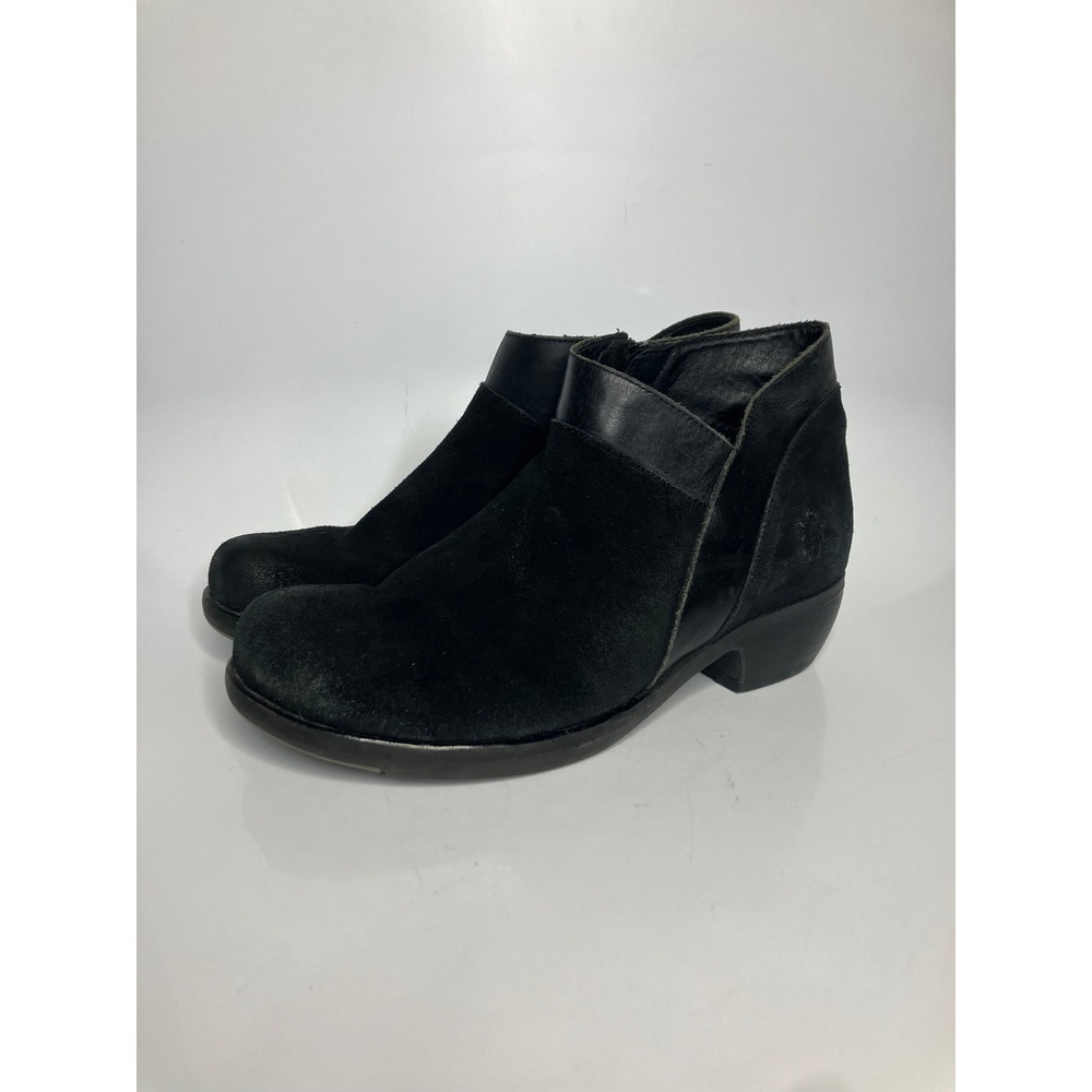 Fly London Ankle Boots Womens 40 Black Good Suede Leather Block Heel Booties